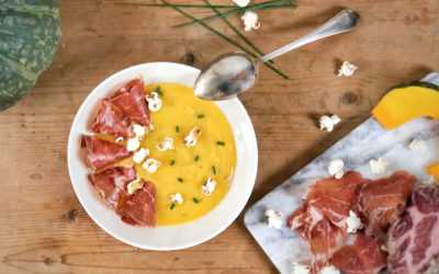 Vellutata di zucca con Coppa di Parma e pop corn