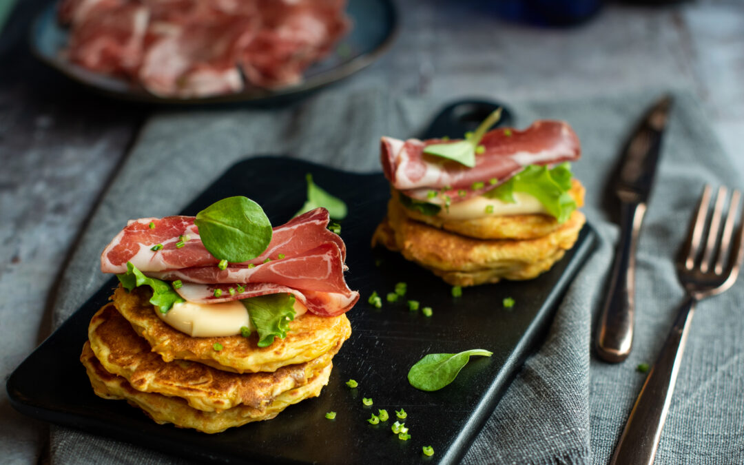 Blinis di patate dolci, Coppa di Parma IGP e maionese